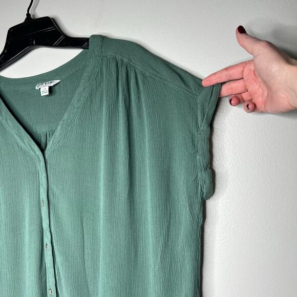 Orivs Womens Sage Green Button Front Short Cap Sleeve Blouse Sz L V-Neck Flowy - Picture 3 of 9
